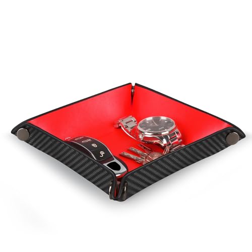Valet Tray Organizer with Carbon Fiber Style Texture, Foldable Catchall Tray for Keys, Wallet & Everyday Essentials(Red-Small) - color: Red