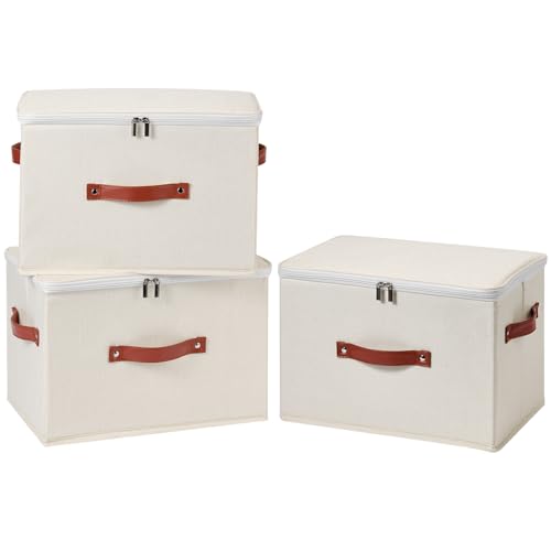 3PCS Storage Bins Boxes with Zippered Lids Cotton Linen Fabric Decorative Basket PU Leather Handles PP Plastic Board Foldable Lidded Clothing Shelf Closet Organizer Container (Beige, Large) - color: Beige, size: Large ( Pack of 3 )