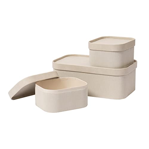 LA JOLIE MUSE Fluted Cardboard Storage Baskets with Leather-Like Lids, Sturdy Stackable Paper Boxes Decorative Tray, Light Grey, Set of 3 - color: Gray