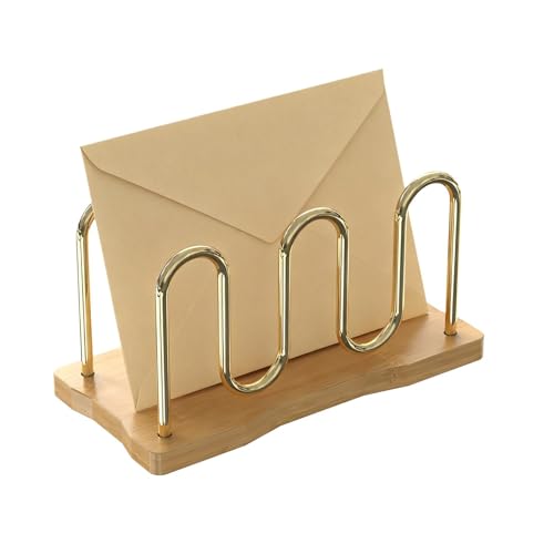 Mail Holder Organizer Countertop, Metal Mail Sorter for Desk, Cutout Mail Storage Bills Organizer Letter Tray Design with Bamboo Base for Home Office (Bamboo) - color: Bamboo