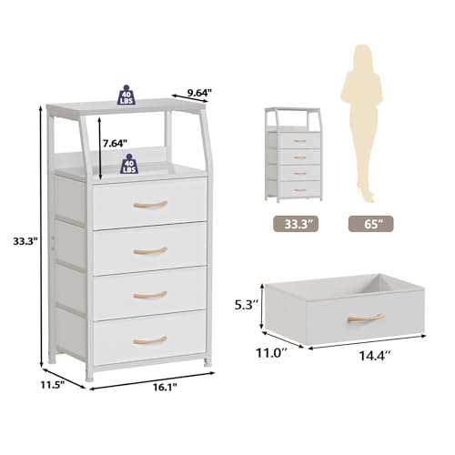 Furnulem Tall 4 Drawers Dresser, Vertical Storage Tower for Bedroom, Hallway, Entryway, Nursery, Closet Organizer, Nightstand Bedside Table Furniture, Sturdy Steel Frame, Wood Top, White - color: White, style: 4 Drawers