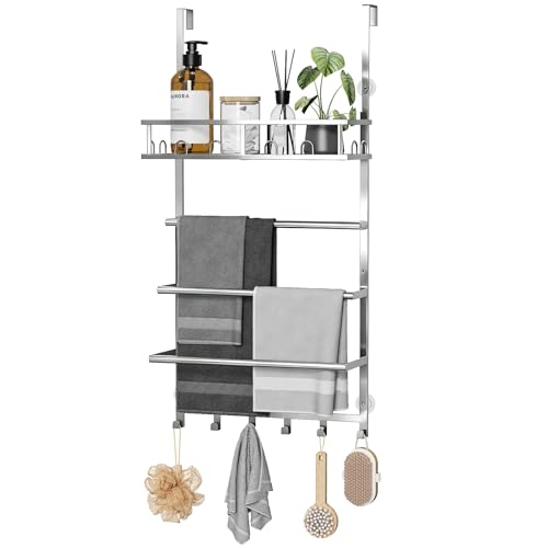 Aetyord Towel Racks for Bathroom Over The Door Towel Rack Towel Storage with Metal Shelf Basket and Hooks Silver - color: Silver-1