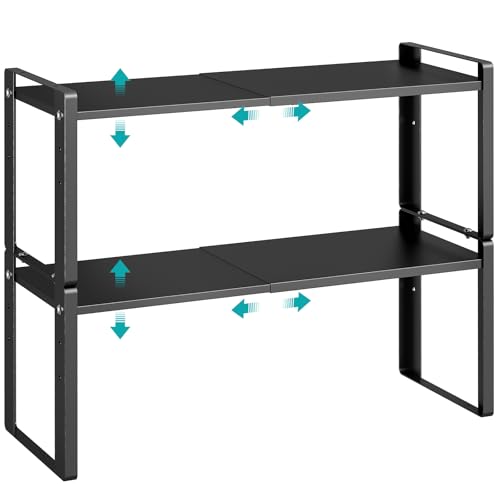 2 Pack Expandable Cabinet Organizer Shelves, 88lbs High Weight Capacity, Stackable Heavy-Duty Metal Storage Rack, Adjustable Cabinet Shelf for Kitchen, Pantry, Cupboard, Under Sink, Black - color: Black, size: 2 Pack