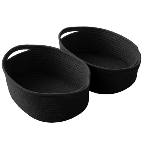 JMvicyroam Woven Basket,Small Rope Storage Bin with Handles & Ribbon Bag, Organizer for Shelves Closets,Gift Basket Empty for Birthday,Books,Dog Toys, Black/2 Pack - color: Black, size: 2 Pack