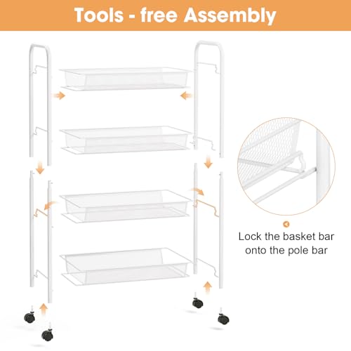 TOOLF 4-Tier Rolling Cart, Metal Utility Cart with 3 Hooks, Easy Assemble Mobile Storage Trolley On Wheels, Metal Shelving Units Kitchen Bathroom Laundry Room - color: White, size: 4-Tier