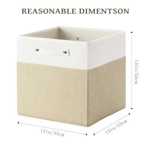 FinishingBo 13 x 13 Inch Fine Linen Storage Bins with Handles，Fabric Cube Boxs，Basket Organizers for Shelves for Home, Closet Drawers (White/Khaki-6 Pack) - color: White/Khaki-6 Pack