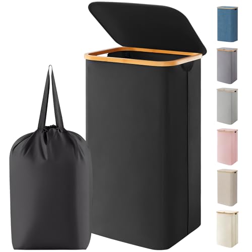 Lifewit 100L Laundry Basket with Lid, Clothes Hampers for Laundry with Bamboo Handles and 1 Removable Bag, Large Foldable Laundry Hamper for Bedroom, Bathroom, Dorm, Laundry Room, Black - color: Black, size: 100L