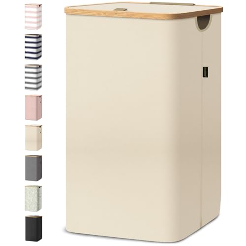 BALEINE Laundry Hamper with Lid, Tall Laundry Baskets with Bamboo Pull Handles, Large Laundry Bin with Internal Support (18 Gal/70L, Beige) - color: Beige, size: 70 liters