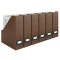 BLU MONACO | Cardboard Magazine File Holder Set of 6 | Vertical Magazine File Holder with Leather Label Slots | Standing File Holder and Cardboard Bins for Shelves Desk Office - color: Brown