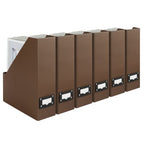 BLU MONACO | Cardboard Magazine File Holder Set of 6 | Vertical Magazine File Holder with Leather Label Slots | Standing File Holder and Cardboard Bins for Shelves Desk Office - color: Brown