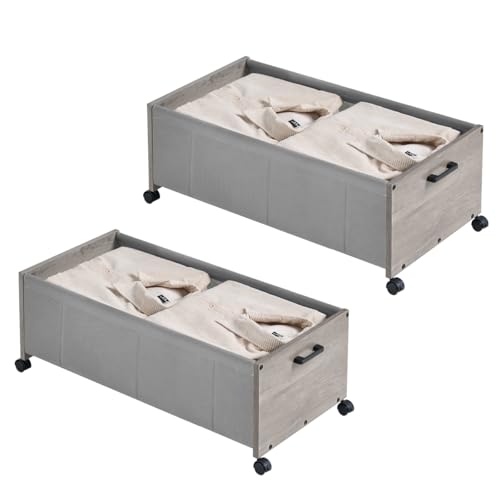 FOUCSSOMEI Under Bed Storage with Wheels, Bigger Size, Under Bed Drawers Heavy Duty, 2 Packs, Wooden Under Bed Storage Containers Organizer, Metal Frame, Patented Design - color: Grey, size: Quadruple Size