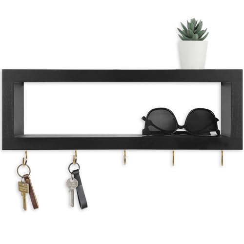 Lwenki Wall Shelf with Hooks - Decorative Key and Wallet Holder for Wall Holds Sunglasses, Leashes, Scarves and Lanyards - 15.7" x 5.1" x 2.9" Entryway Organizer Made of Paulownia Wood (Black) - color: Black