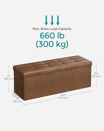 SONGMICS MAZIE Collection - 43 Inches Storage Ottoman Bench with Flipping Lid, Storage Chest with Iron Frame Support, Load 660 lb, for Living Room, Bedroom, Synthetic Leather, Coffee Brown ULSF075K01 - color: Coffee Brown, size: 15"D x 43"W x 15"H