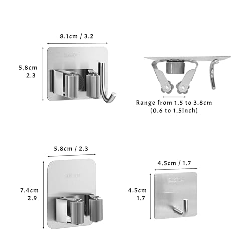 Daily Treasures 6 Pcs Stainless Steel Broom Holder Wall Mount Self Adhesive (with Hook), Adjustable Size Broom and mop Holder, Flexible Freestanding Broom Sticky Back Hooks, Hook Broom Hanger