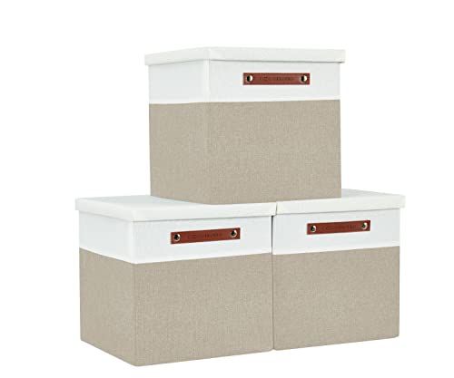 DECOMOMO Storage Basket with Lid, Storage Cubes with Handles, Fabric Box with Lid (Beige and White, 11” / 3 Pack) - color: Beige and White, size: Cube 11"