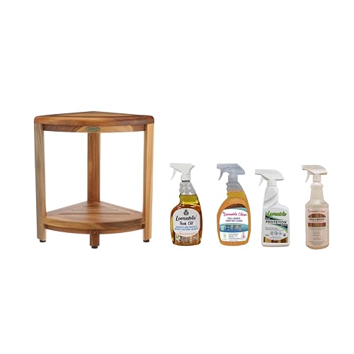 EcoDecors SnazzyCorner 18" Teak Wood Corner Shower Shelf, Fully Assembled | Loveable Four Pack Bundle - size: 2 Tier Fully Assembled + Loveable 4 Pack Bundle