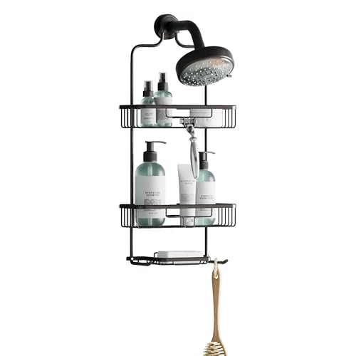 Zenna Home Rustproof Hanging Shower Caddy, Over the Shower Head Caddy with 2 Shelves and Built In Hooks, Aluminum Bathroom Hanging Organizer, Bronze - color: Bronze