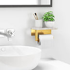 Brushed Gold Toilet Paper Holder with Natural Marble Shelf, 304 Stainless Steel Screw Wall Mounted, Tissue Roll Paper Holder Dispenser for Bathroom Washroom - color: Gold, size: 1 Roll