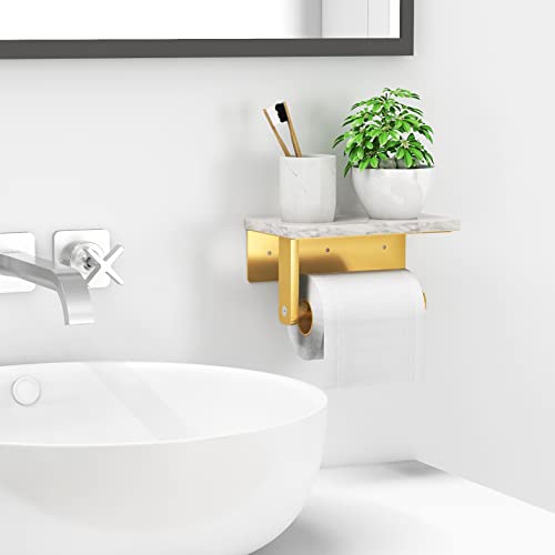 Brushed Gold Toilet Paper Holder with Natural Marble Shelf, 304 Stainless Steel Screw Wall Mounted, Tissue Roll Paper Holder Dispenser for Bathroom Washroom - color: Gold, size: 1 Roll