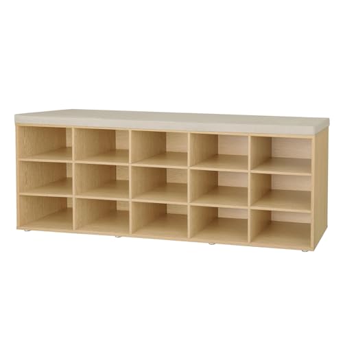 DINZI LVJ Shoe Storage Bench with Cushion, 15-Cubby Shoe Rack, Adjustable Shelves, Long Shoe Organizer Bench for Entryway, Mudroom, Hallway, Living Room, Bedroom and Garage, Natural - color: Natural, size: 15 Cubby