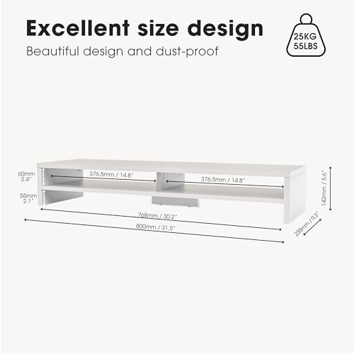 Fenge Monitor Stand, 31.5 Inch Computer Monitor Riser for Desk, 2 Tiers Wood Desk Shelf with Storage, Desktop Organizer for PC, Laptop, Screen, Printer - color: White