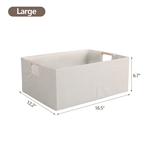 Fabric Storage Bin Box Foldable Cotton Linen Storage Basket with Wooden Handles Rectangular Cube Decorative Home Laundry Organizer Clothes Blanket Container - Beige, Large - color: Beige, size: Large