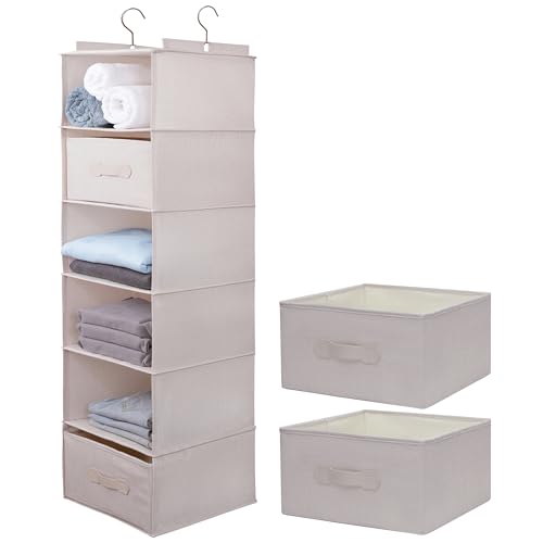Large Hanging Sweater Organizer for Closet,Collapsible 6-Shelf Hanging Closet Shelves with Drawers, Washable (Beige -6 Shelf-2 d) - color: Beige, size: 6 Shelf with 2 drawers