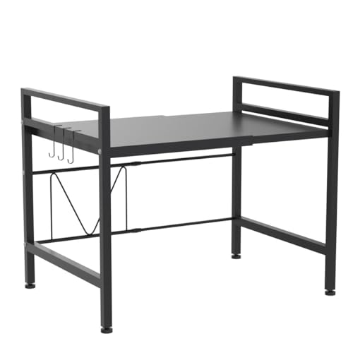 PUSDON Expandable Microwave Oven Rack, 2-Tier Countertop Baker's Rack Style Shelf, Heavy Duty Carbon Steel Stand with 3 Hooks, 160lbs Weight Capacity for Kitchen Organization, Matte Black - color: Matte Black, size: H-frame 2 tier