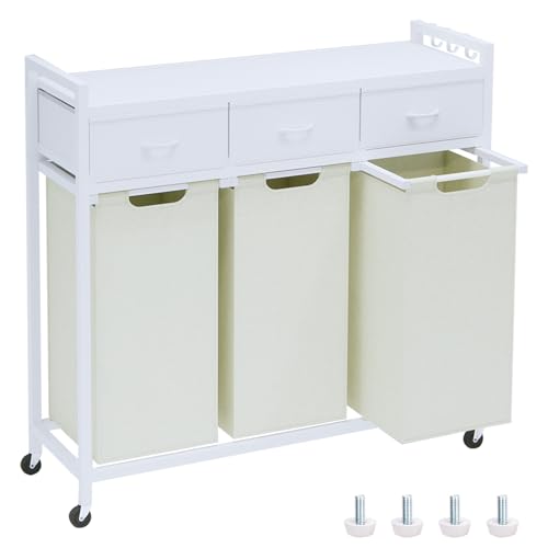 Timberer Laundry Hamper, Laundry Sorter 3 Section, Rolling Laundry Basket with Wheels, 3 Drawers, 3 × 14.5 Gal (55 L), Pull-Out and Removable Oxford Fabric Bags, White and Beige - color: White + Beige, size: 3 Bags (40.7"L x 12.9"W x 39.8"H)