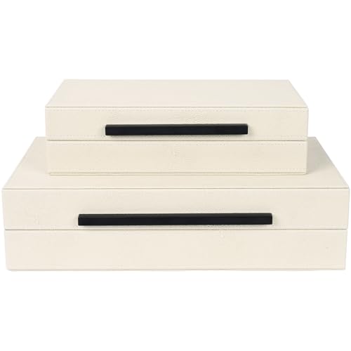 Beige Shagreen Decorative Storage Boxes – Set of 2 Faux Leather Jewelry & Memory Boxes with Black Metal Handles, Nesting Photo Organizers for Home Decor, Gift, and Office Organization - color: Beige+Black Handles, size: 2 pack