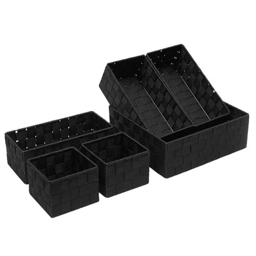 Storage Bins Woven Organizer Set of 6 – Polypropylene Storage Baskets with Metal Frame, Stackable Fabric Boxes for Drawers, Closet, Shelf, Nursery and Office, Black - color: Black, size: 6PCS-without lid