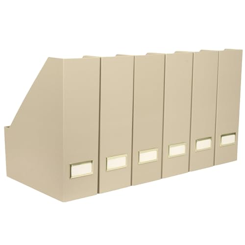 BLU MONACO | Set of 6 Foldable Taupe Magazine File Holders with Label Holders | Vertical File Organizer & File Storage Boxes for Desk, Shelves & Home Office - color: Taupe