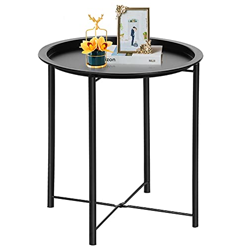 VECELO Side/End Table, Folding Round Metal Anti-Rust and Waterproof Outdoor or Indoor Tray for Living Room Bedroom Balcony and Office, 1 PCS, Black - color: Black, size: 1 PCS