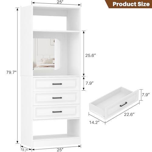 Unikito 25”Freestanding Closet System with 3 Drawers, Closets Organizer Wardrobe with Storage Shelves and Mirror, Sturdy Wood Walk-in Closet Systems for Small Closets, 25" W x 16" D x 80" H, White - color: White, size: 25 Inch