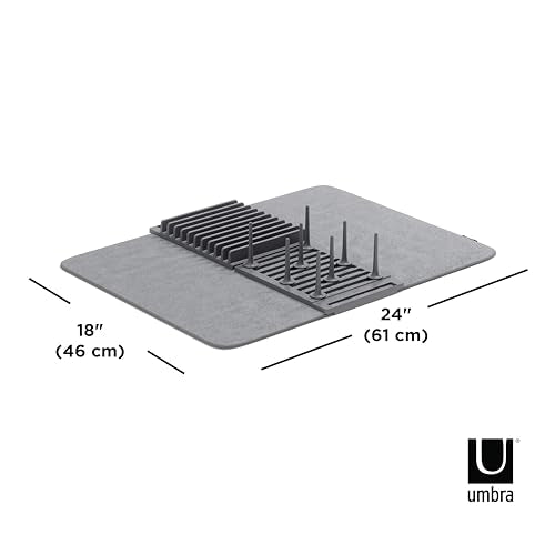 Umbra Udry Dish Rack with Movable Pegs and Microfiber Drying Mat – Space-Saving Design Folds Up for Easy Storage, Basic Rack, Dark Grey - color: Gray, style: Rack with Pegs