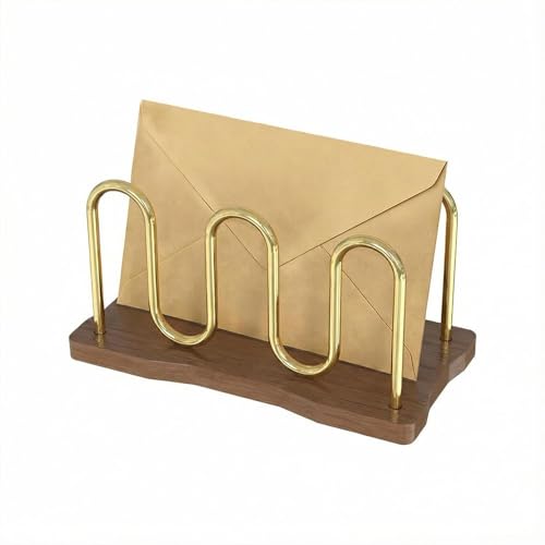 Metal Mail Organizer for Desk, Letter Holder Countertop with Wood Base Envelope Storge Paper Sorter for Bills Invoices (Walnut) - color: Walnut