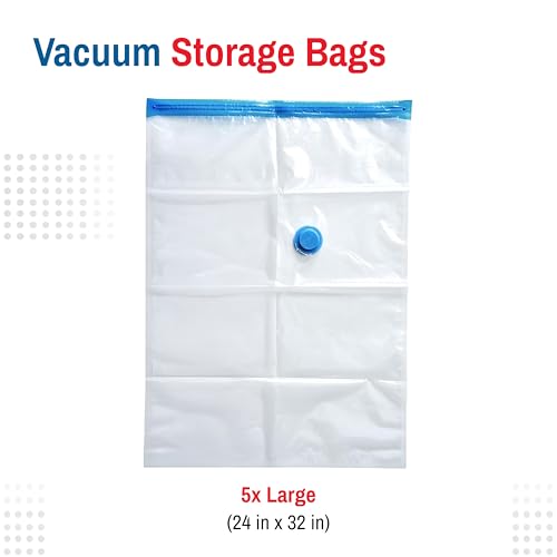 5 Pack Large Vacuum Storage Bags for Comforters, Blankets & Clothes – Vacuum Sealed Compression Bags with Hand Pump – Space Saver Storage Bags for Bedding, Moving, Travel & Organization - size: 5 Large Bags
