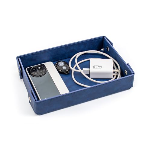 SANQIANWAN PU Leather Valet Tray Small NightStand Bedside Entry Table Trya for Phone Jewelry Glasses Keys and Coins Father's Day Birthday Gifts (Blue) - color: Blue