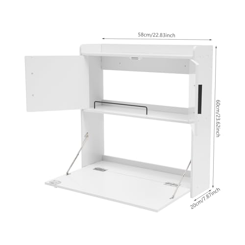 Wall Mounted Folding Desk with LED Light, Space-Saving Laptop Table for Home Office, Writing Workstation with Storage Shelves and Drawer, Floating Cabinet, 58x20x60cm (White) - color: White