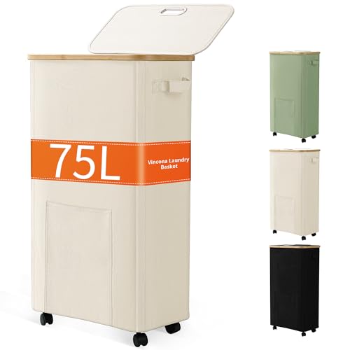 Laundry Basket with Wheels, Dirty Clothes Hamper on Wheels, Rolling Tall Laundry Hamper with lid for Laundry Room, Dorm and Bathroom, 75L Beige - color: Beige, size: 75L