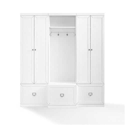 BOWERY HILL 3-Piece Modern Wood Entryway Set, 74 in H x 66 in W x 16.38 in D, MDF and Birch Veneer, White Finish, Includes Hall Tree with Hooks and 2 Pantry Closets, Modular Storage for Home