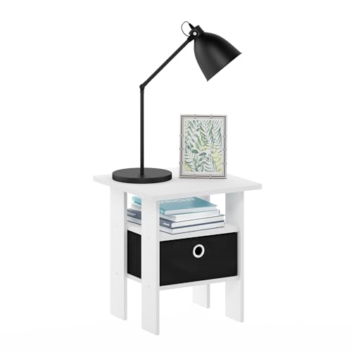 Furinno Andrey Side Table, End Table, Night Stand with Open Shelves and Storage Bin, Bedside Table, for Living Room, Bedroom, White - color: White/Black, size: 1-Pack, Center Bin