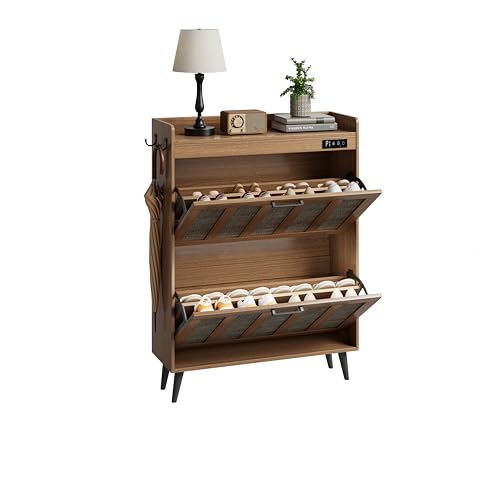 ChooChoo Shoe Storage Cabinet with 2 Flip Drawers, Deodorizing Shoe Organizer Storage for Entryway, Freestanding Hidden Slim Narrow Shoe Rack Cabinet, Rustic Oak - color: Rustic Oak, size: 2-Drawers