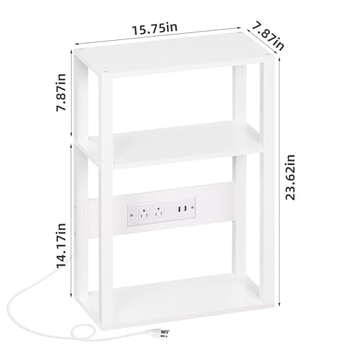 YUFAM 3-Tier Small Narrow Wood Side Table with Charging Station, Skinny Nightstand for Small Space, Slim Bedside Table with Storage for Couch, Thin End Table with USB Ports and Outlets, White - color: White, size: 1 Pack