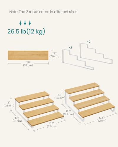 SONGMICS Display Risers, Set of 2 Engineered Wood Perfume Organizer Stand, 4-Tier Cupcake Stand Holder, Spice Rack, Shelf Risers for Figures, Dessert Shelves, Natural Beige and Cloud White UKCS216N02 - color: Natural Beige + Cloud White, size: 4 Tiers