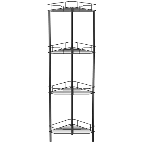 HuggieGems 4 Tier Floor Standing Corner Shower Caddy Organizer Shelf with Hooks, Bathroom Shelves Stand Rack, Black - color: Black, size: 4 Tier