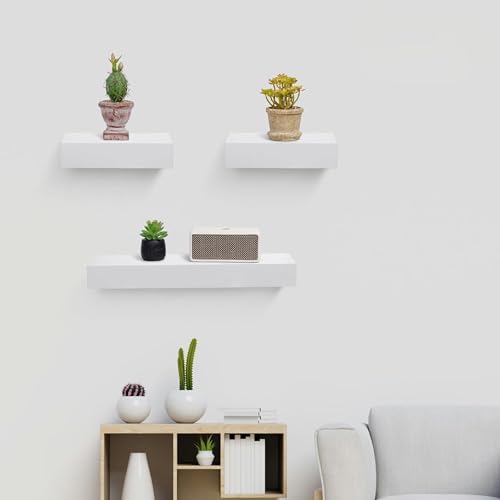 Floating Wall Shelves Set of 3 – MDF Wood Wall Mounted Shelf for Living Room, Bedroom, Bathroom, Office – Decorative Storage Racks for Plants, Photos, Books (White, Medium Set) - color: White, size: Medium Set