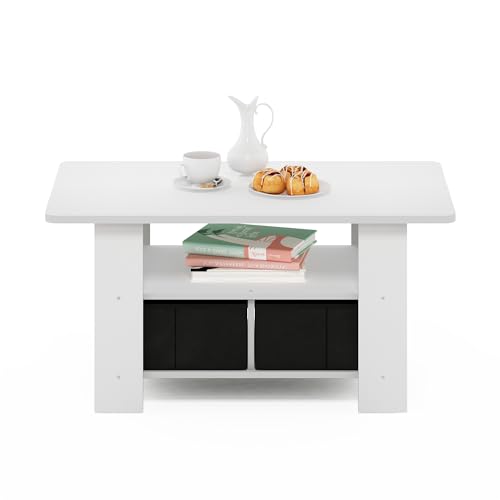 Furinno Andrey Coffee Table, Small Modern Coffee Table with Storage and Bin Drawer, Side Table for Living Room, Bedroom, Home Office, White - color: White/Black, style: 2 Bin