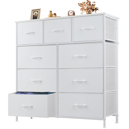 OLIXIS 9 Drawer Storage Dresser with Wood Top - Wide Fabric Chest Organizer for Bedroom, Closet, Living Room,Tower Cabinet, TV Stand, Hallway Entryway Furniture,Bright White - color: White, size: 11.8"D x 39.6"W x 39.4"H (9 Drawers)