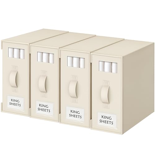 Criusia Bed Sheet Organizers and Storage, 4 Pack Foldable Linen Closet Organizers – Bedding Holder for Sheet Set (King/Queen Sizes), Duvet Covers, Blankets (Beige) - color: Beige, size: 4PACK